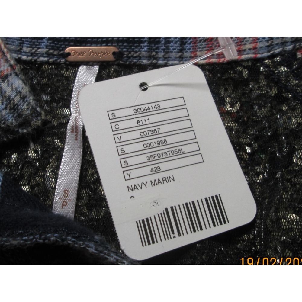 Free People‎ Shirt Small Navy Plaid Sequin Embellished Long Sleeve - Picture 9 of 11